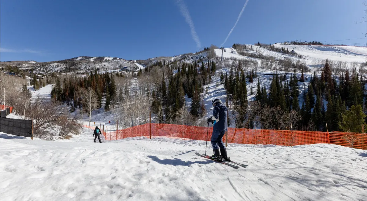 A skier is captured mid-action in the foreground as they glide down a pristine, snow-covered mountain slope. The background features a dramatic mountain range blanketed in snow with a dense tree line, evoking the thrill and accessibility of Steamboat's famous ski terrain.
